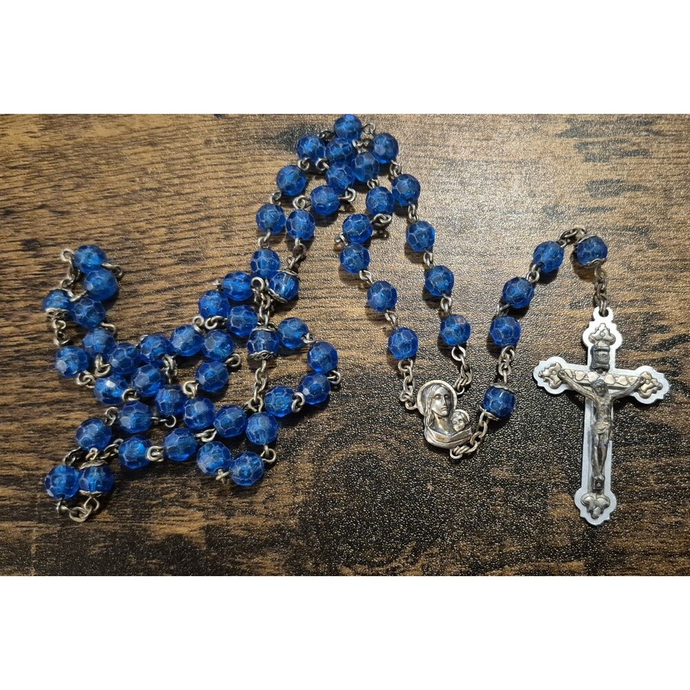 Vintage Blue Sparkle Rosary Metal Cross Emblem Catholic Church Religion EUC